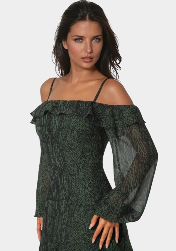 bebe2150_evergreen_4_841184a5-8dd5-4937-9d83-31897f3532e7 Long Sleeve Off the Shoulder Tiered Maxi Dress