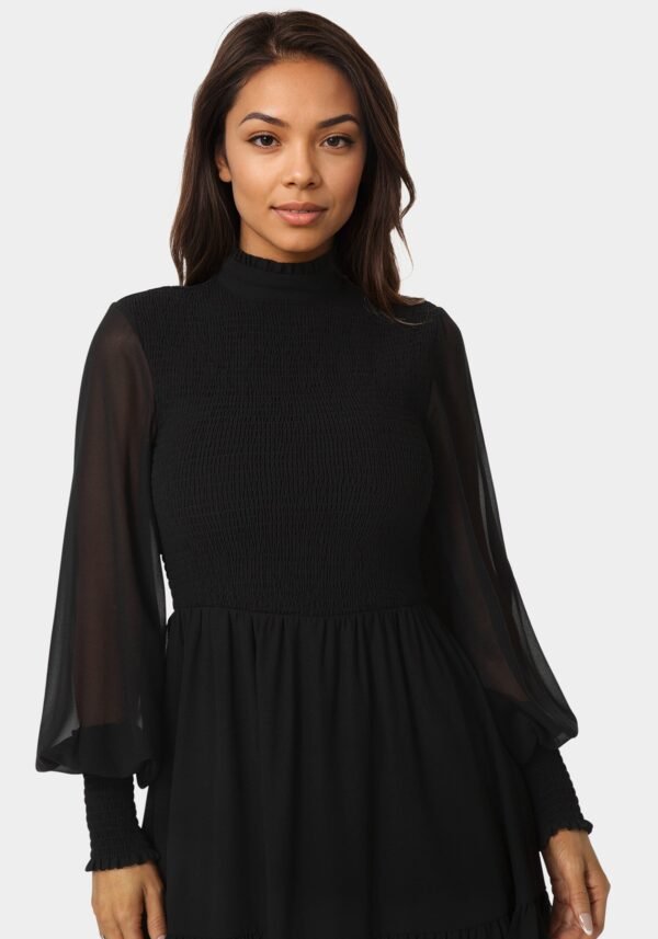 bebe2152_black_4_20c58a8a-40b4-4124-8799-7145382538bb Long Sleeve Mock Neck Chifon Smocked Mini Dress